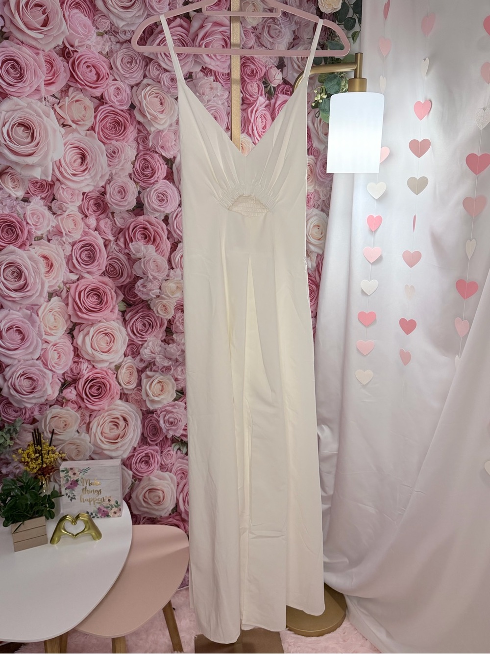 Women's White Cutout Maxi Dress with V-Neck and Spaghetti Straps